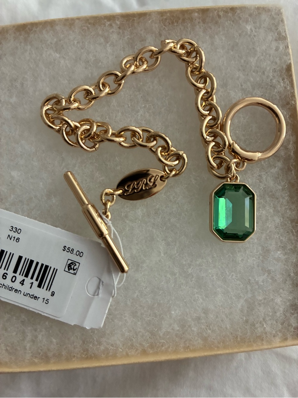 Ralph Lauren Lauren Gold Chain Bracelet with Emerald Green Crystal Charm - Picture 7 of 8